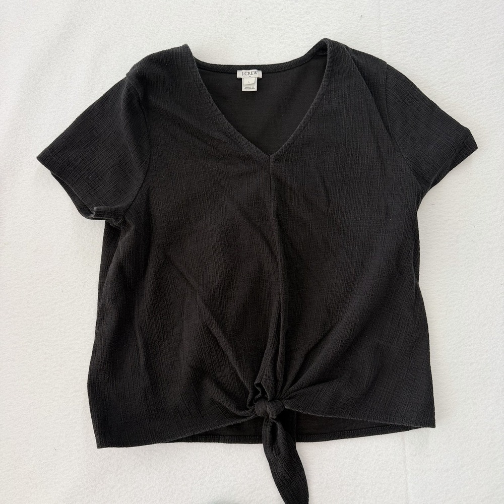 J Crew Black Tie Front Travel Large Cotton Blend Gauze Short Sleeve Casual L